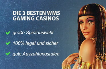 Die 3 besten WMS Gaming Casinos haben die gr??te Spielauswahl, sind 100% legal und sicher und haben gute Bonusangebote.