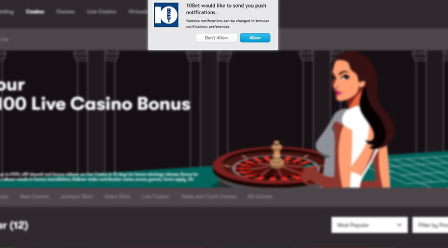 Pop-Up Windows at 10 Bet Casino to Confirm Receiving Cookies & Push Notifications